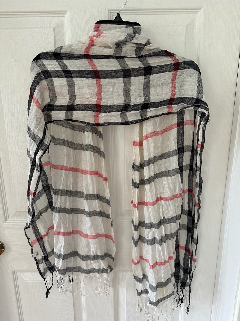 Lightweight White Plaid Scarf with Black and Pink Stripes